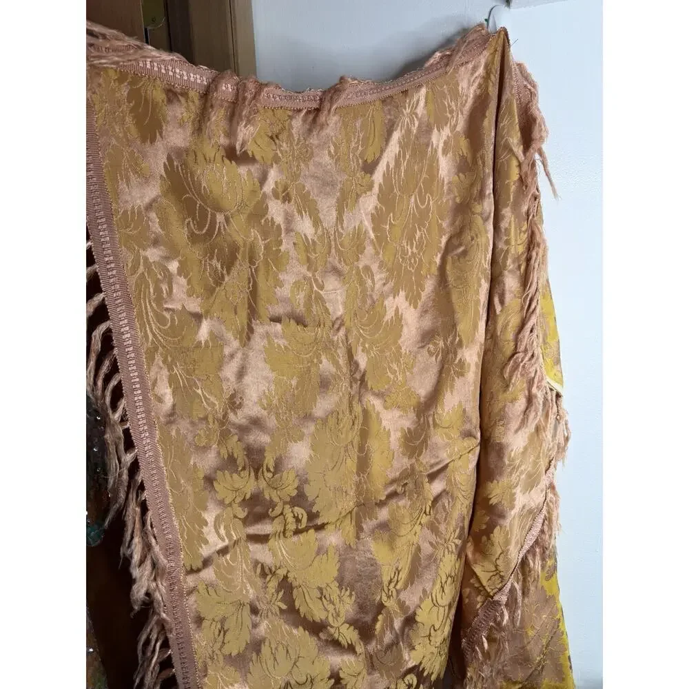 Antique Brocade Fringed Floral Piano Scarf Shawl Silk Tapestry Pink Yellow VTG_3
